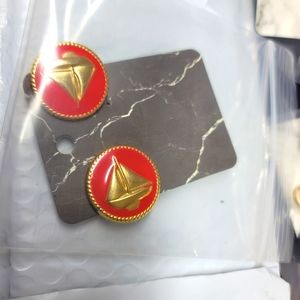 Vintage Nautical Red Sail Boat Gold Tone Clip On Earrings 1 1/8" Earrings